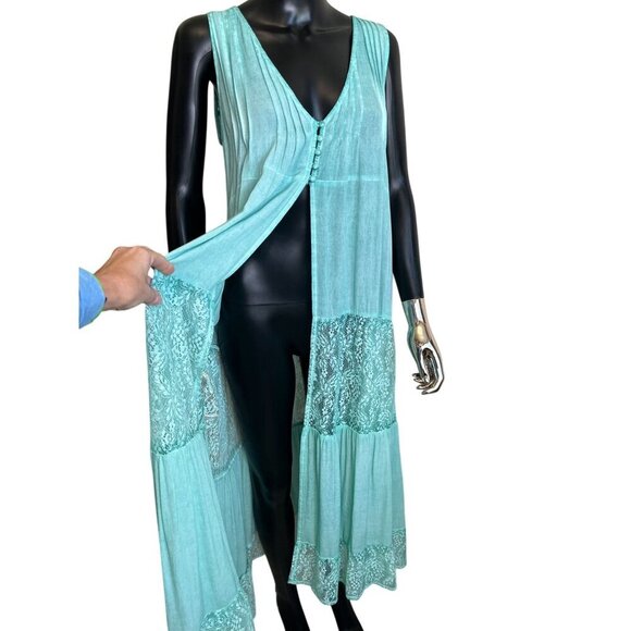 POL Aqua Blue Lace Button Front Sleeveless Kimono Cardigan Duster Vest NWOT Boho - Picture 4 of 12